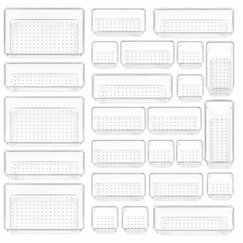ChefktCove 25-Piece Clear Plastic Drawer Organizer Set, 4-Size Versatile Storage Bins & Trays | Non-Slip Bathroom, Vanity, Kitchen, Office & Bedroom Drawer Organizers for Makeup, Jewelry, Utensils & M