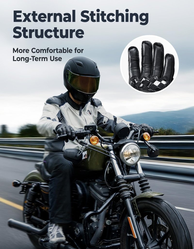 KEMIMOTO Motorcycle Leather Gloves, Sheepskin Protective Gloves for Men and Women, Touchscreen Compatible, Hard Knuckle, Gear for Motorcross Racing Cycling L