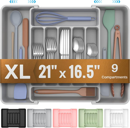 Ukeetap Extra Large Expandable Silverware Organizer - BPA-Free Cutlery Holder | Adjustable Gray Design