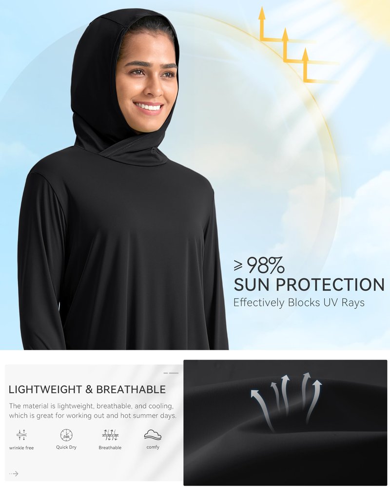 Pudolla Women's Sun Protection Shirt UPF 50+ Long Sleeve Lightweight UV Hoodie for Women Hiking Outdoor Fishing Summer (Black Medium)