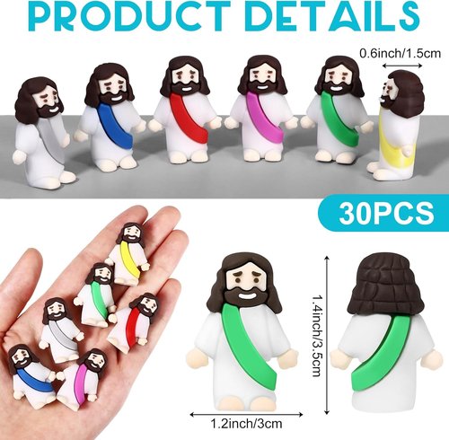 Draupnir Mini Rubber Jesus Figures - 30 Pcs in 6 Colors for Religious Party Favors | Easter Egg Stuffers