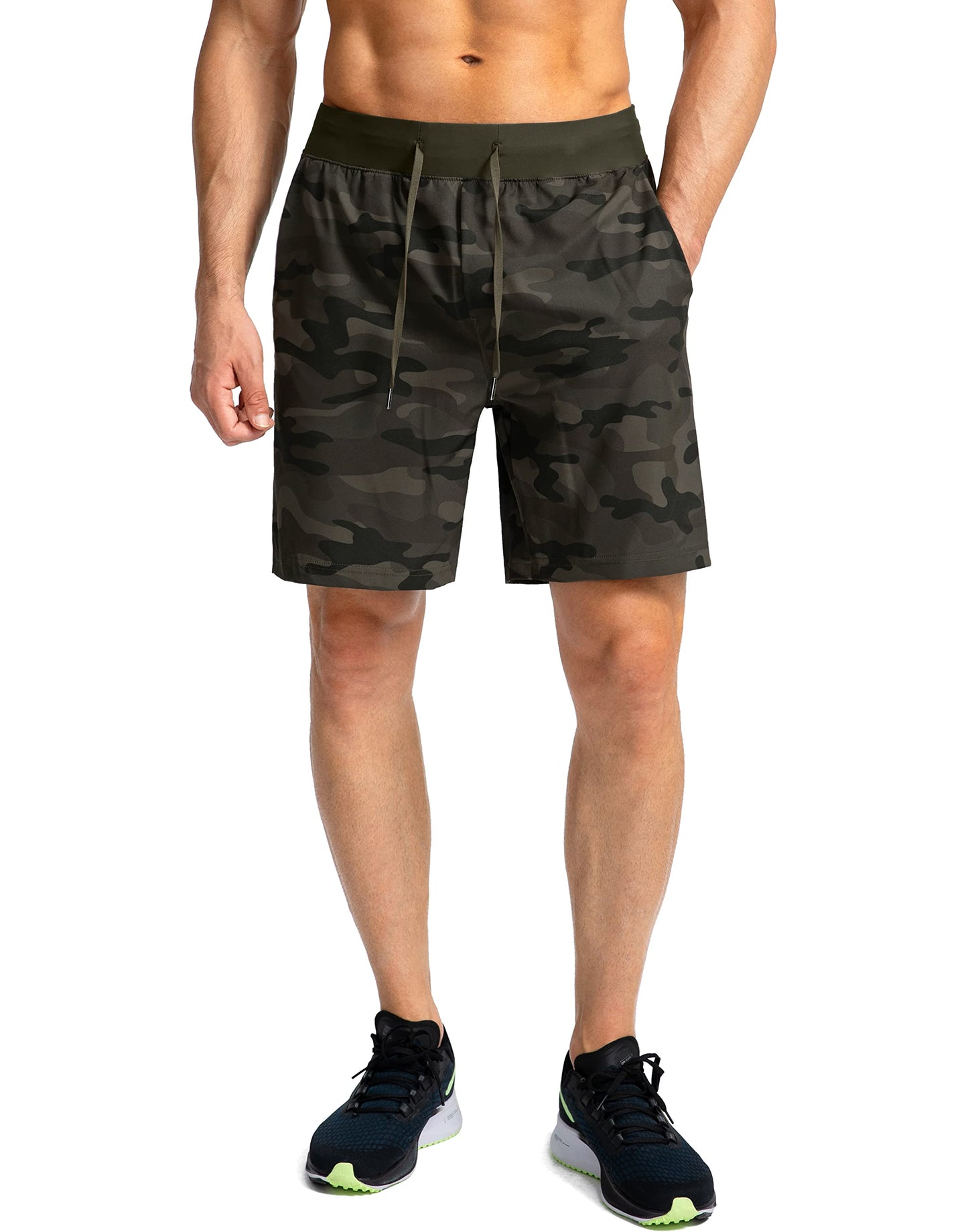 Soothfeel Men's Running Shorts with Zipper Pockets 7 Inch Lightweight Quick Dry Gym Athletic Workout Shorts for Men (Green Camo, XS)