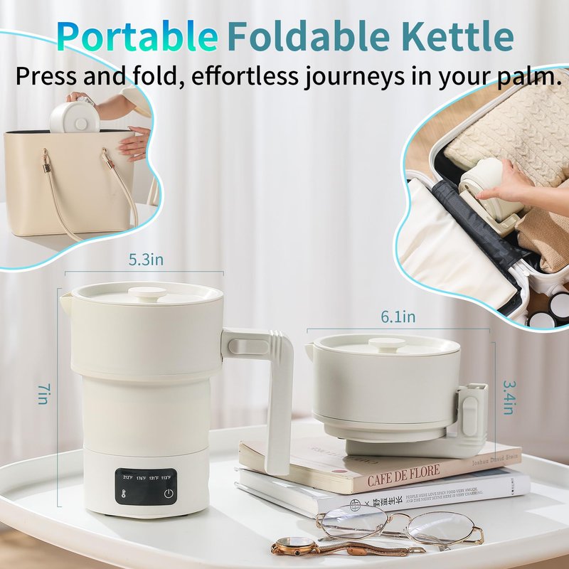 UPEZAN Travel Electric Kettle - Collapsible Portable Electric Kettle, 600W Foldable Small Water Boiler with 4-Temp Presets, Food Grade Silicone for Hotel, Office, Camping, 600mL, Beige