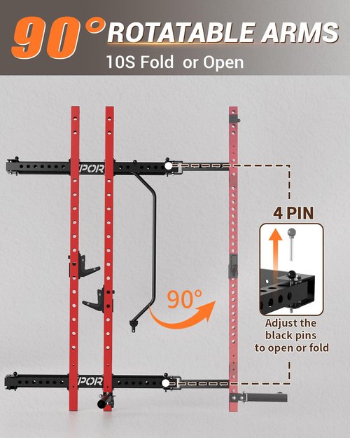 Folding Squat Rack Wall Mounted for Home Gym Garage, 1000 Pounds Capacity, 2.36" x 2.36" Power Rack with Pull Up Bar, J-Hooks and 360° Landmine