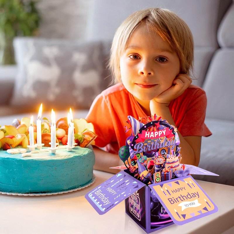 Surprise Pop Up Happy Birthday Cards, Lovely 3D Birthday Card for Adults and Kids with Envelopes, Unique Design Handmade Foldable Greeting Cards for Daughter, Son, Mom, Dad, Friend（Deep Purple）