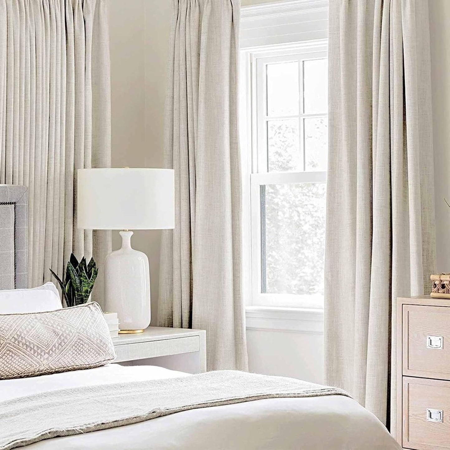 MIULEE Linen Curtains - 100% Blackout Thermal Insulated Drapes | Beige, 52x45 Inch (2 Panels)