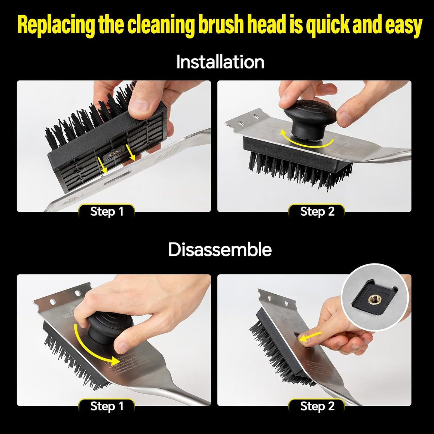 XUDAKAIXIN Nylon Grill Brush - Dual Grip Design with Luxurious Acacia Wood Handle | Safe for Cooled Grates (Black)
