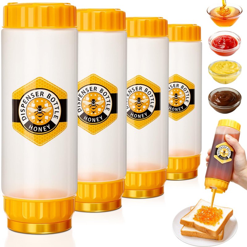 SiliFine 4 Pcs Honey Dispenser No-drip with Lid, Honey & Syrup Squeeze Bottle, Refillable Condiment Bottle Bpa-free, More Hygienic for Sauces Ketchup Kitchen Pancakes Salad Dressings (18 oz)