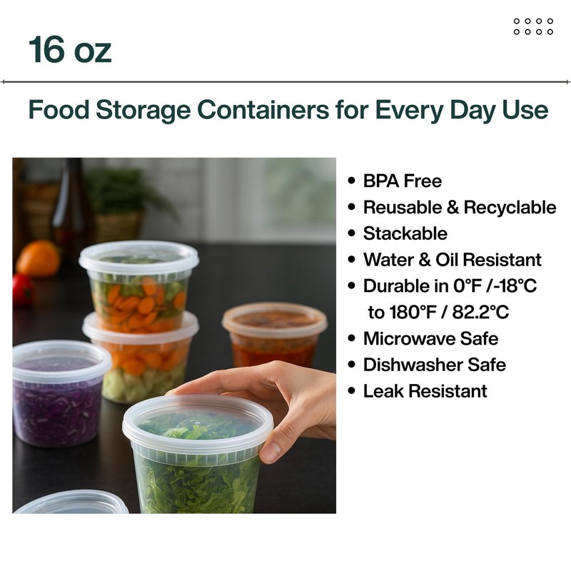 ProTakeOut 16oz [20 set] Heavy Duty Plastic Deli Container | BPA-Free Food Storage with Airtight Leak‑Proof Lids | Microwave, Freezer & Dishwasher Safe – Stackable, Bulk Reusable Soup & Meal Prep Tub