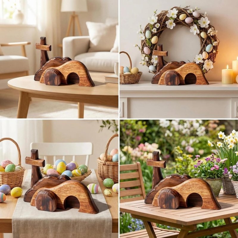 Wooden Easter Tomb Scene with Cross - Empty Tomb Decor for Home Office Desktop, Religious Resurrection Cross Jesus Nativity Set, Christian Easter Decoration He is Risen Gift (Style A)