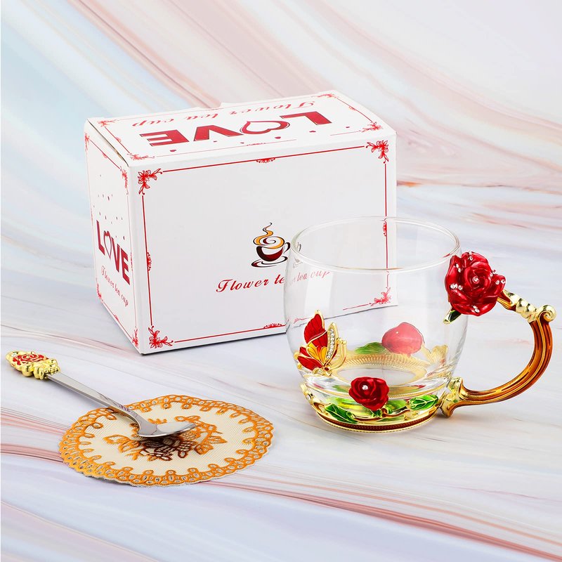 WD&CD Rose Butterfly Glass Tea Coffee Cups Mugs with Spoon and Coaster, Gifts for Her Girlfriend Wife Mum Women on Valentine's Day Mother's Day Christmas, Red Short