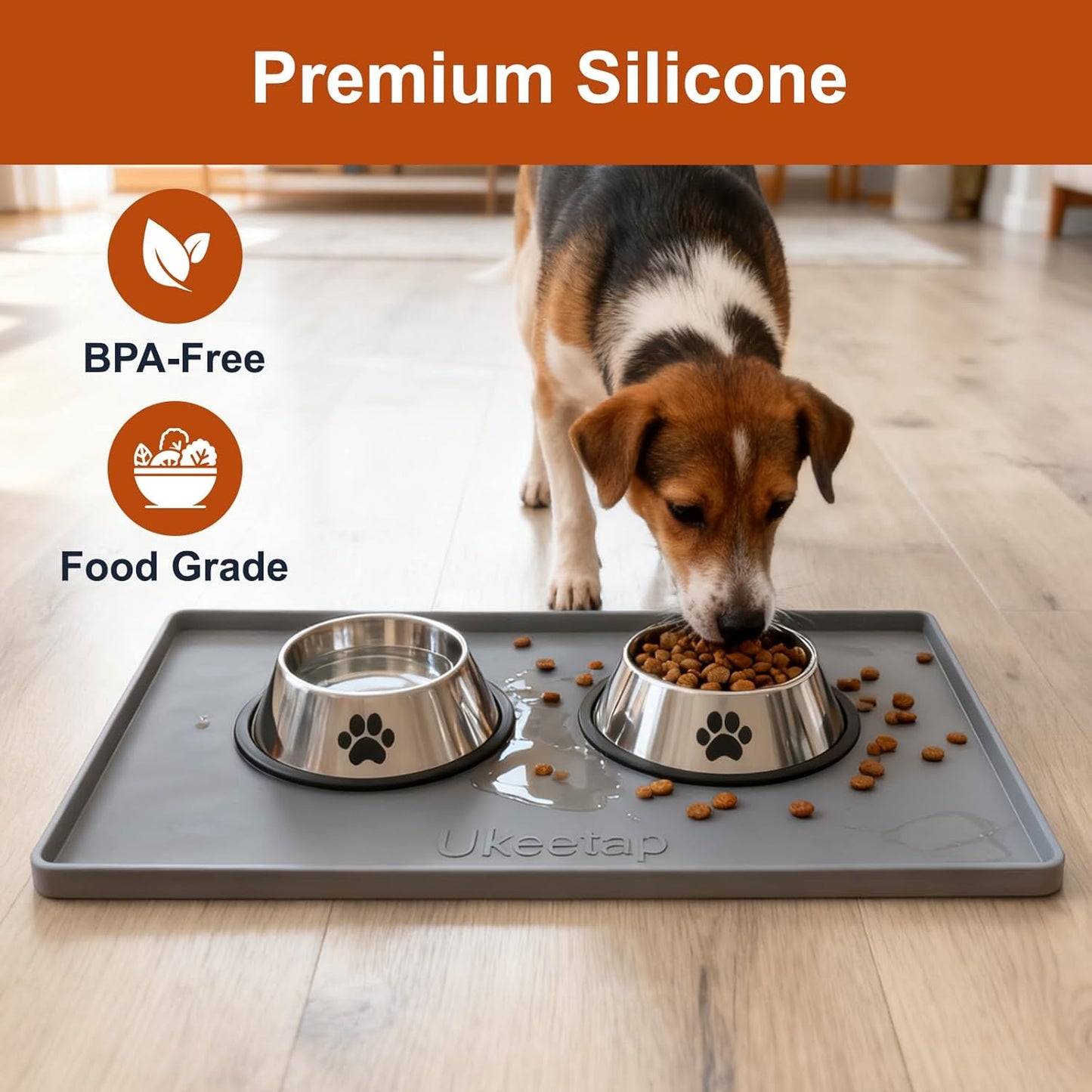 Ukeetap Extra Thick Silicone Dog & Cat Food Mat - Waterproof, Non-Slip, 19” x 12”, Gray