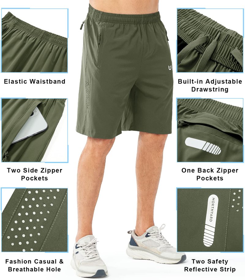 NORTHYARD Men's Athletic Running Shorts Gym Workout 7"/9"/5" Quick Dry Lightweight Sports Basketball Tennis 3 Zipper Pockets ARMYGREEN-9inch 2XL