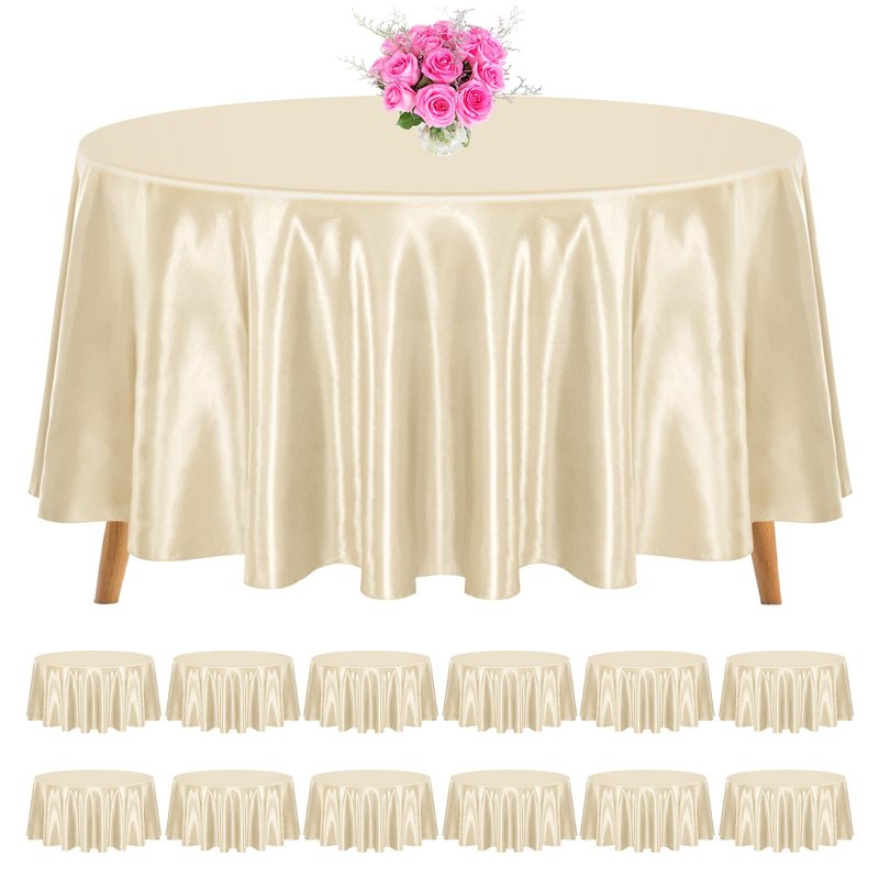 REWOMC 12 Pack 90 Inch Round Tablecloth, Champagne Satin Fabric, Wrinkle & Stain Resistant, Perfect for Weddings & Banquets