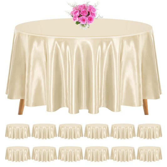 REWOMC 12 Pack 90 Inch Round Tablecloth, Champagne Satin Fabric, Wrinkle & Stain Resistant, Perfect for Weddings & Banquets