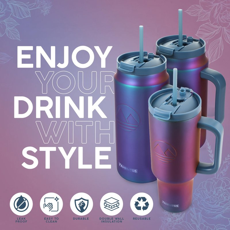 FAHRMOSIS 40 Oz Tumbler with Handle and Straw Insulated Cup that Fits in Cup Holder for Hot & Cold Drinks Leak Proof Tumbler with Straw Stainless Steel Travel Mug for Men & Women - Violet