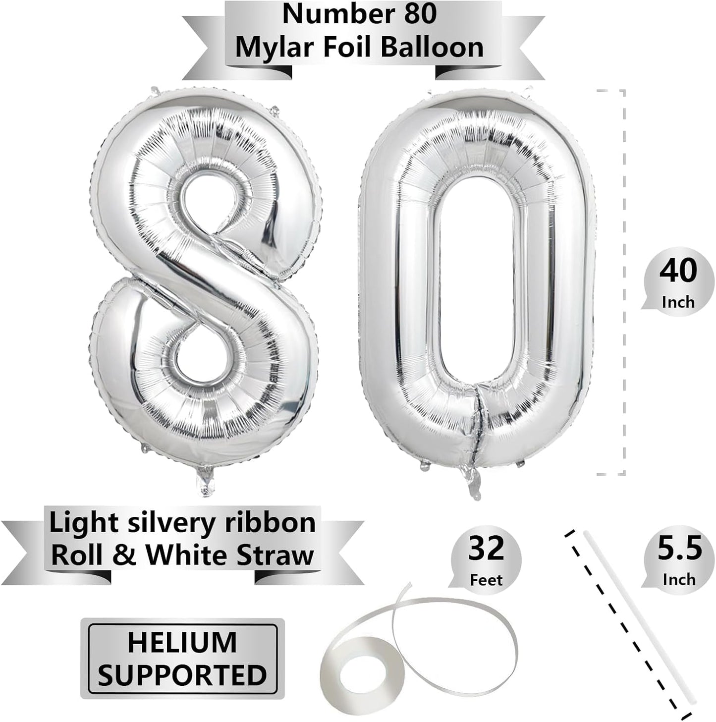 Number Balloons | Giant Silver 80 Balloon - 40 Inch for 80th Birthday & Anniversary Celebrations