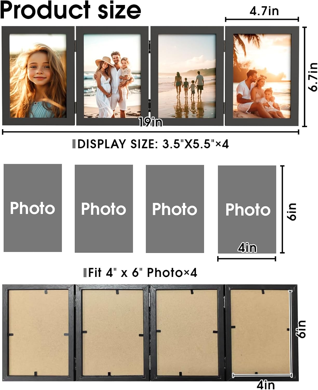 WARM&LOVE 4x6 Rustic Wood Picture Frame - Four Folding Hinged Family Photo Collage Stand | Perfect Gift for Birthdays