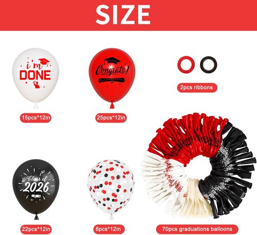 Graduation Balloons Set by [Brand Name] - 72pcs Red & Black Metallic Confetti Balloons for Class of 2026 Party Decorations