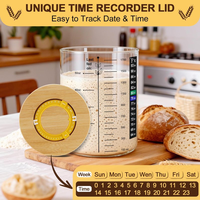 Sourdough Starter Jar, 50 oz Large Sourdough Jar with Time Keeper, Thermometer, Scraper, Wide Mouth Glass Sourdough Starter Kit for Beginners and Professional Bakers