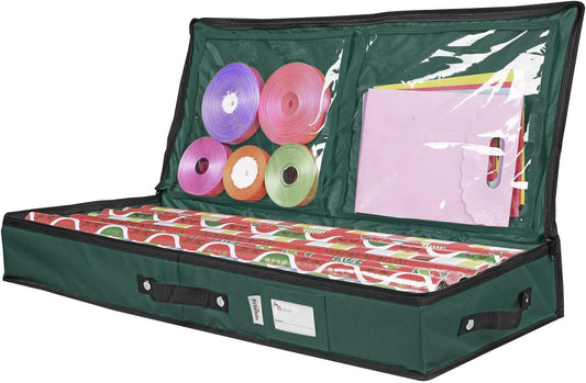 Primode Wrapping Paper Storage Container - Under Bed Organizer for 30-Inch Rolls | 31”x13.5”x4.5” | Durable 600D Oxford Material | Includes Pockets for Ribbons and Bows (Green)