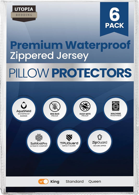 Utopia Bedding King Size Pillow Protectors - Set of 6 Zippered, Waterproof & Dust Mite Proof Covers | Ultra Soft White Encasements