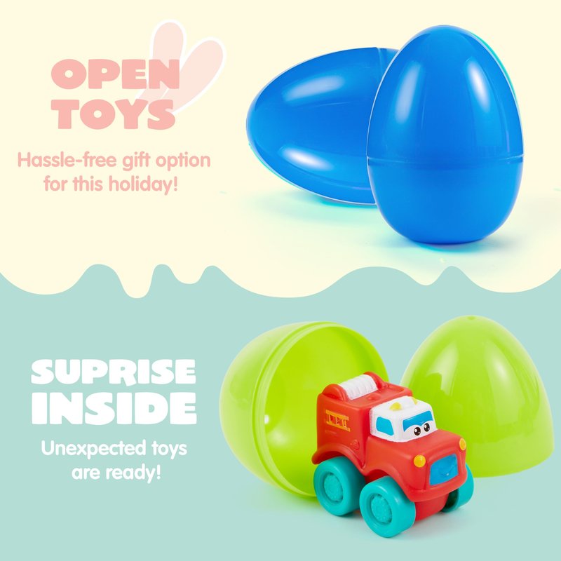 JOYIN 12 Pcs Easter Eggs with Toys, Plastic Eggs with Rubber Cars, Basket Stuffers, Party Favors for Toddlers and Kids, Easter Game, Classroom Prize Supplies