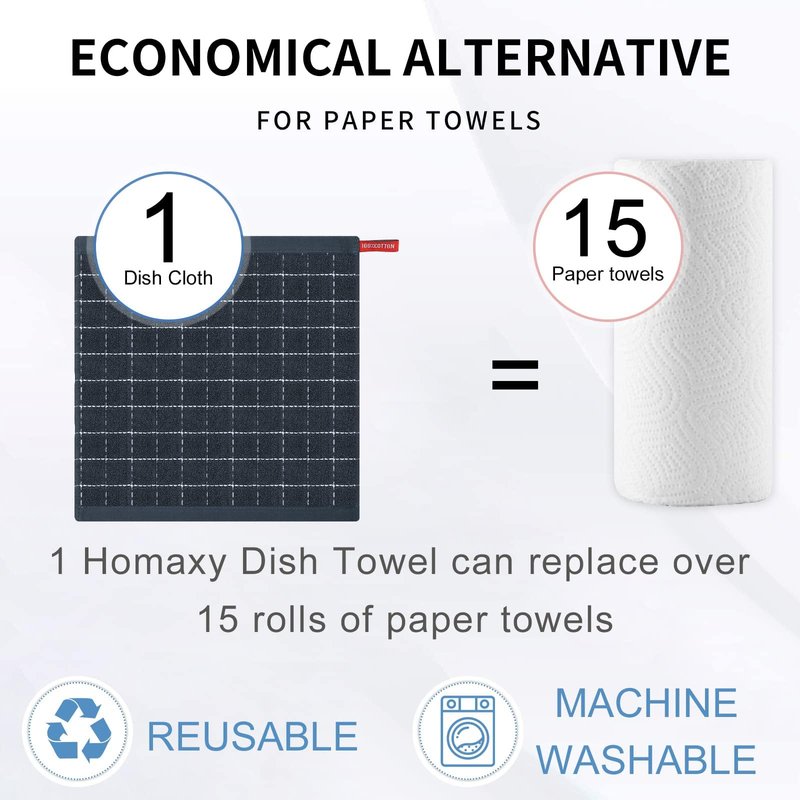 Homaxy 100% Cotton Terry Kitchen Dish Cloths, Ultra Soft and Absorbent Dish Towels for Kitchen, Suitable for Drying and Washing Dishes, 18 Pack, 12 x 12 Inches, Dark Grey