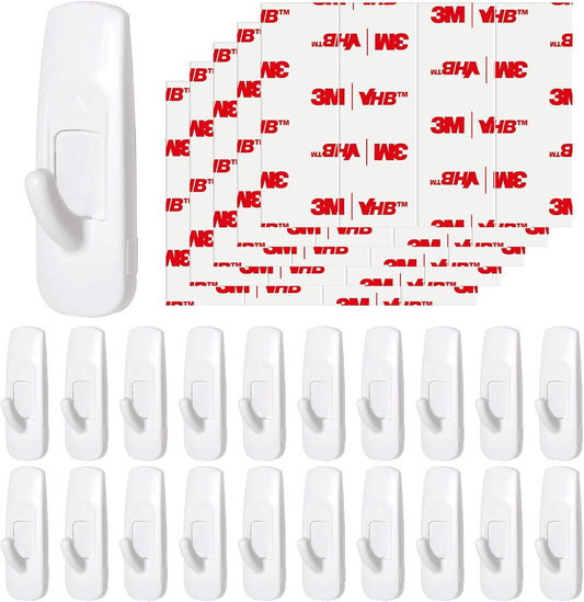 Skiennix Medium Adhesive Hooks - Heavy Duty No Damage Utility Strips | 20 Pack with 24 Strips for Bathroom, Coats, Keys