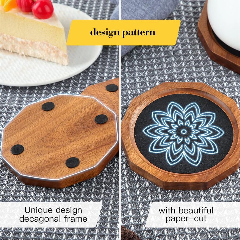 Wood Coasters for Drinks Absorbent with Lip, 4.3 Inch Rustic Acacia Wood Black Felt Coaster with Holder for Wooden Coffee Table for Cups, Mugs, and Glasses - Set of 6