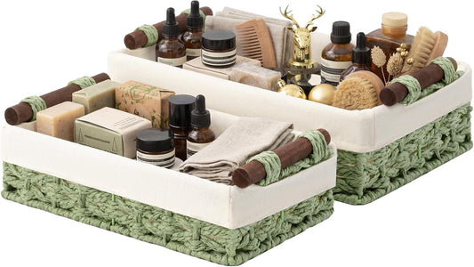 StorageWorks Small Wicker Baskets - Organizing with Handles & Liner | Green Paper Rope Bathroom Storage, 2 Pack