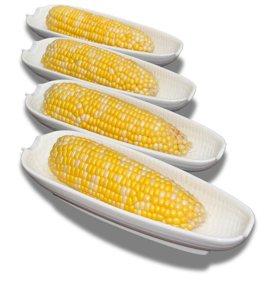 Cera Cuties Corn Dishes Set of 4, Corn Cob Holders 8.8", White Ceramic Dishes Non-slip Bottom, Microwave, Dishwasher and Oven Safe.