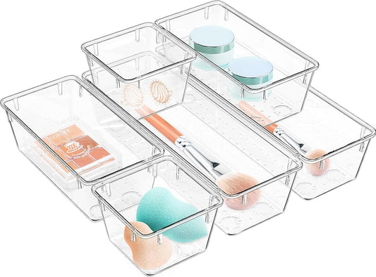 WOWBOX Clear Drawer Organizer Set - 6 Pack Acrylic Storage Trays for Makeup, Jewelry & Office Supplies