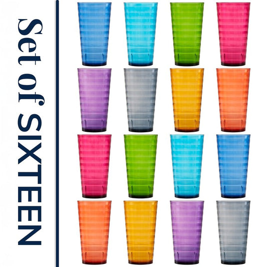 US Acrylic Splash [Set of 16] 18 ounce Plastic Stackable Water Tumblers in Jewel Tone Colors Value Set of Drinking Cups, Reusable, BPA-free, Made in the USA, Top-rack Dishwasher Safe