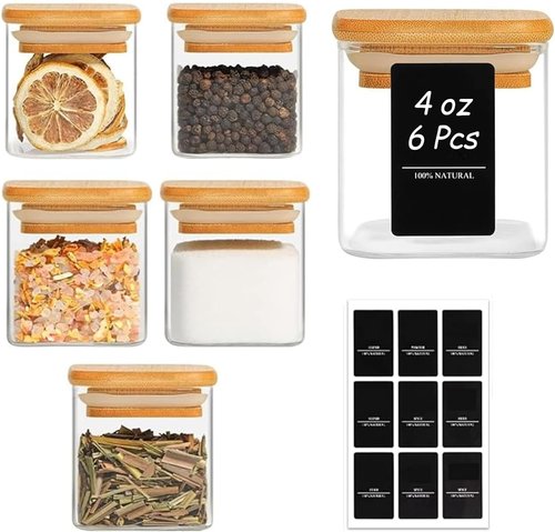 ComSaf Spice Jars - 4 oz Glass Seasoning Containers with Labels | 6-Pack Square Spice Set