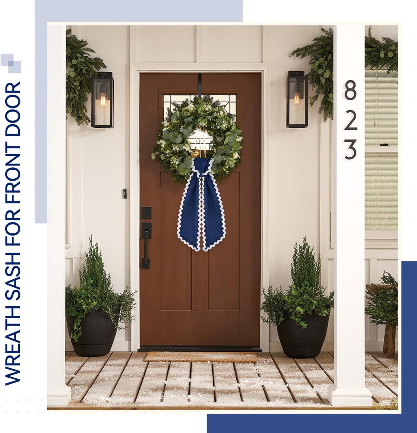 Skiennix Scalloped Wreath Sash - Ruffle Ribbon Bow for Front Door Decor | Navy and White, 2 Pcs