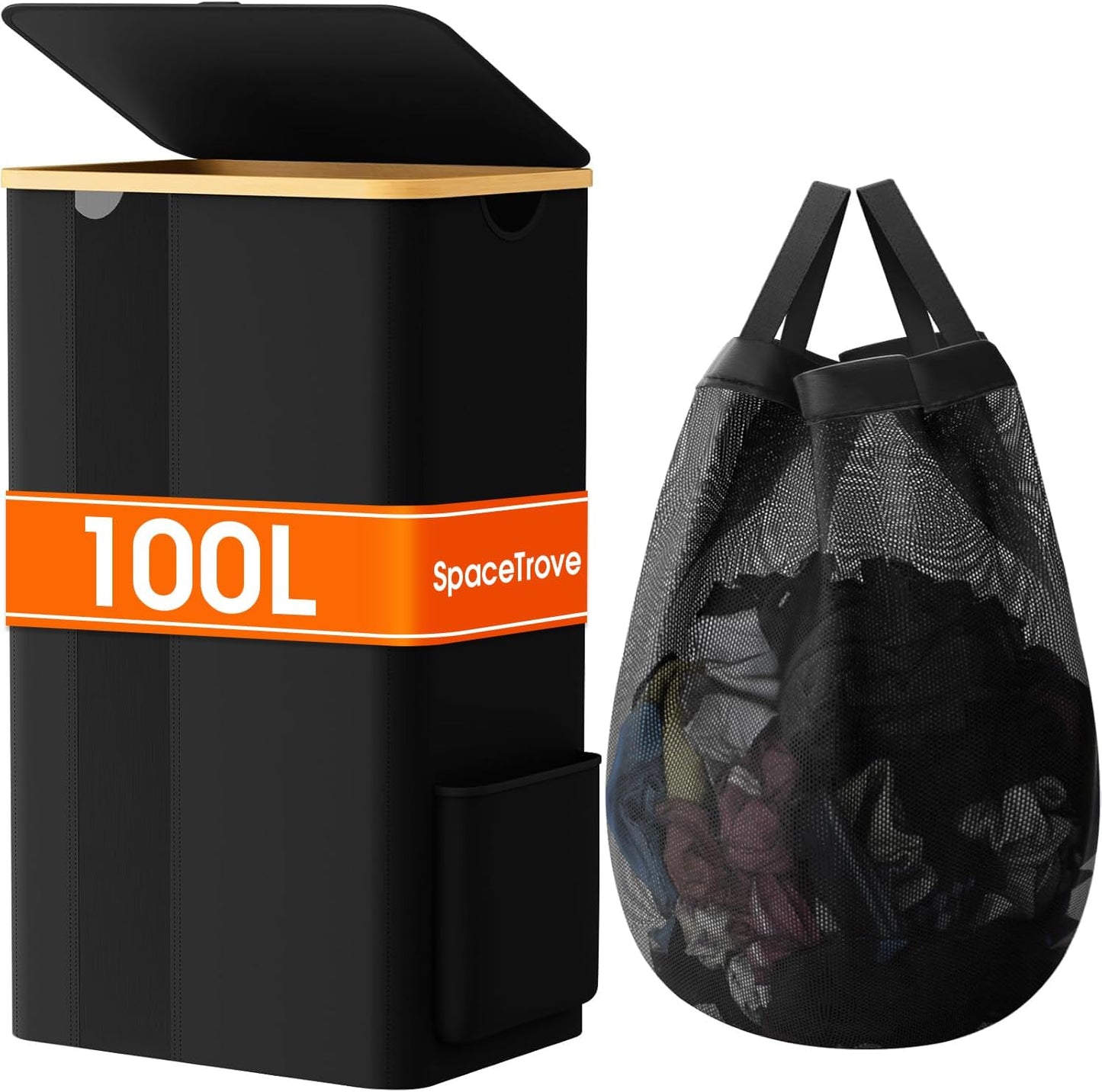 SpaceTrove Laundry Basket - Large 100L Collapsible Hamper with Lid & Removable Bag | Stylish Black Design for Bedroom & Bathroom