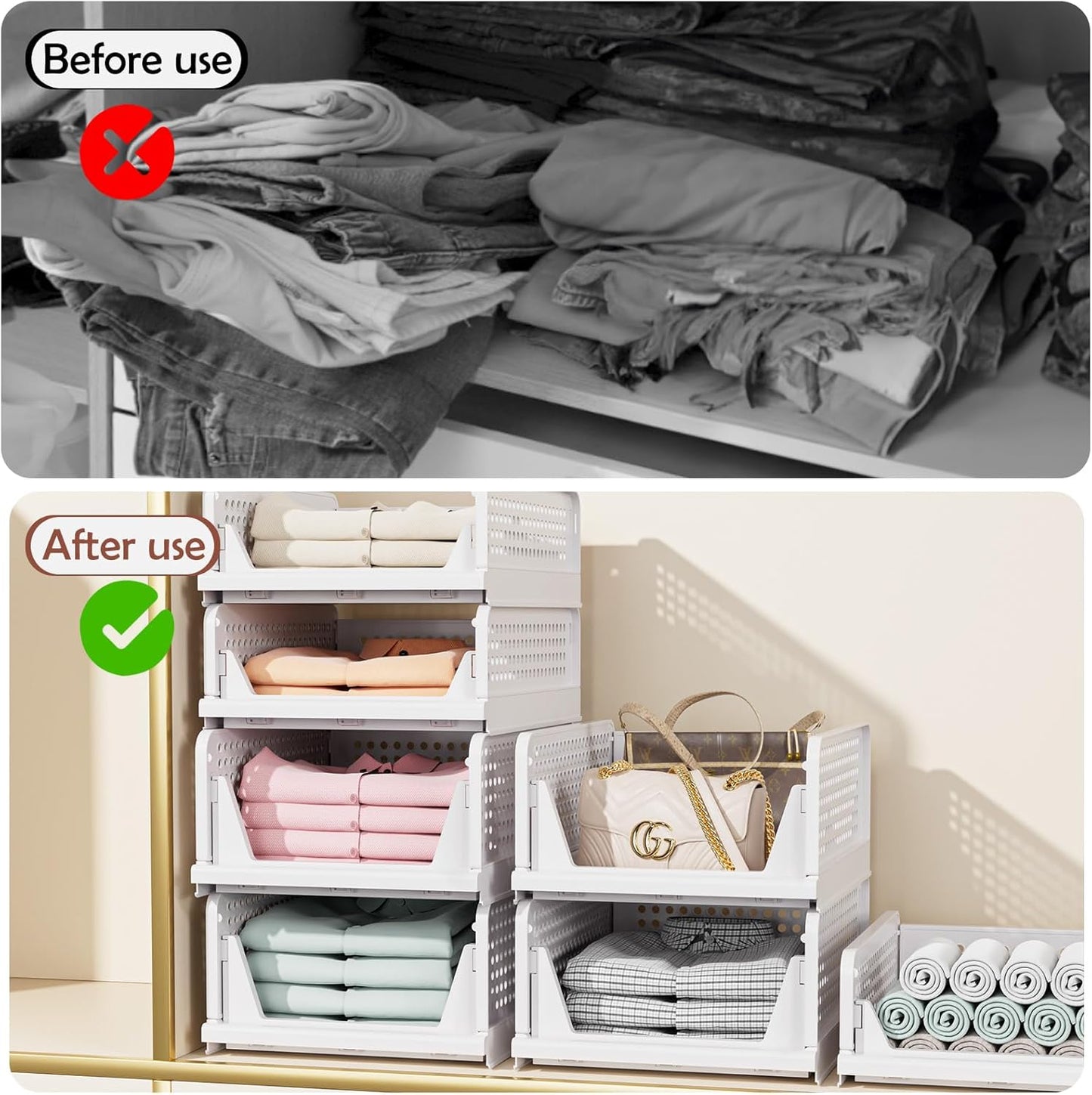 Skiennix 5 Pack Folding Closet Organizers - Stackable Plastic Storage Bins for Home & Office | White 5L