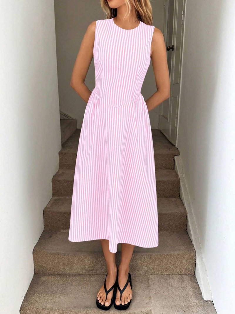 chouyatou Women's Sexy Sleeveless Striped Pleated Dress Drop Waist Flared Swing Midi Long Tank Sun Dress (Medium, Pink)