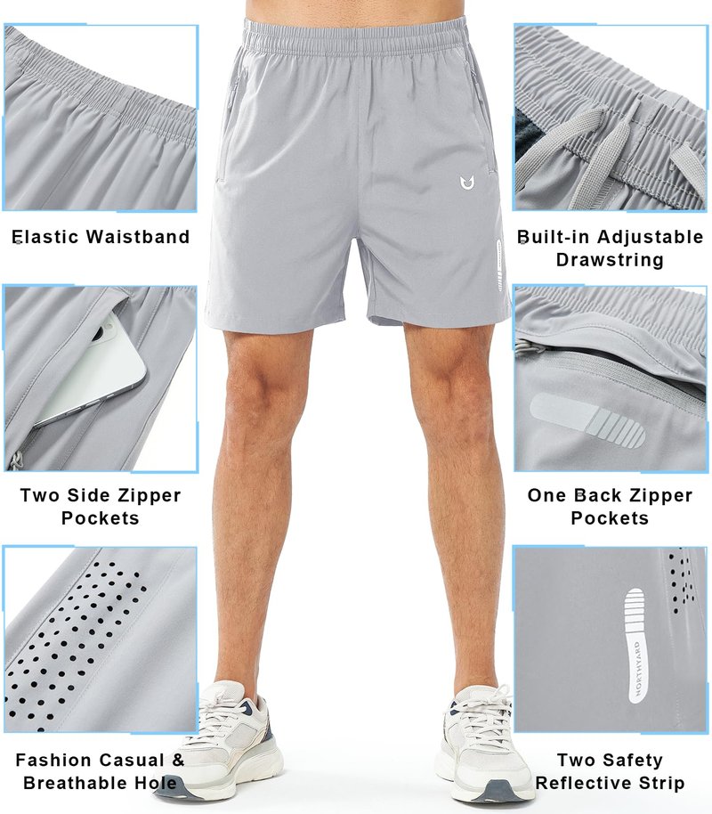 NORTHYARD Men's Athletic Running Shorts Gym Workout 7"/9"/5" Quick Dry Lightweight Sports Basketball Tennis 3 Zipper Pockets GREY-5inch 4XL