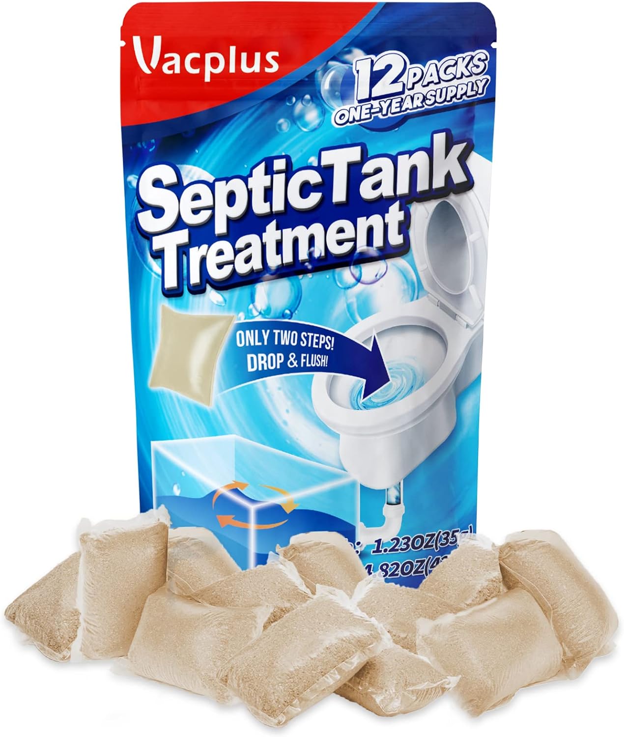 Vacplus Septic Tank Treatment - 12 Dissolvable Packs for 1-Year Supply | Biodegradable Enzymes for Waste & Odor Control