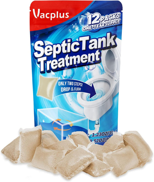 Vacplus Septic Tank Treatment - 12 Dissolvable Packs for 1-Year Supply | Biodegradable Enzymes for Waste & Odor Control