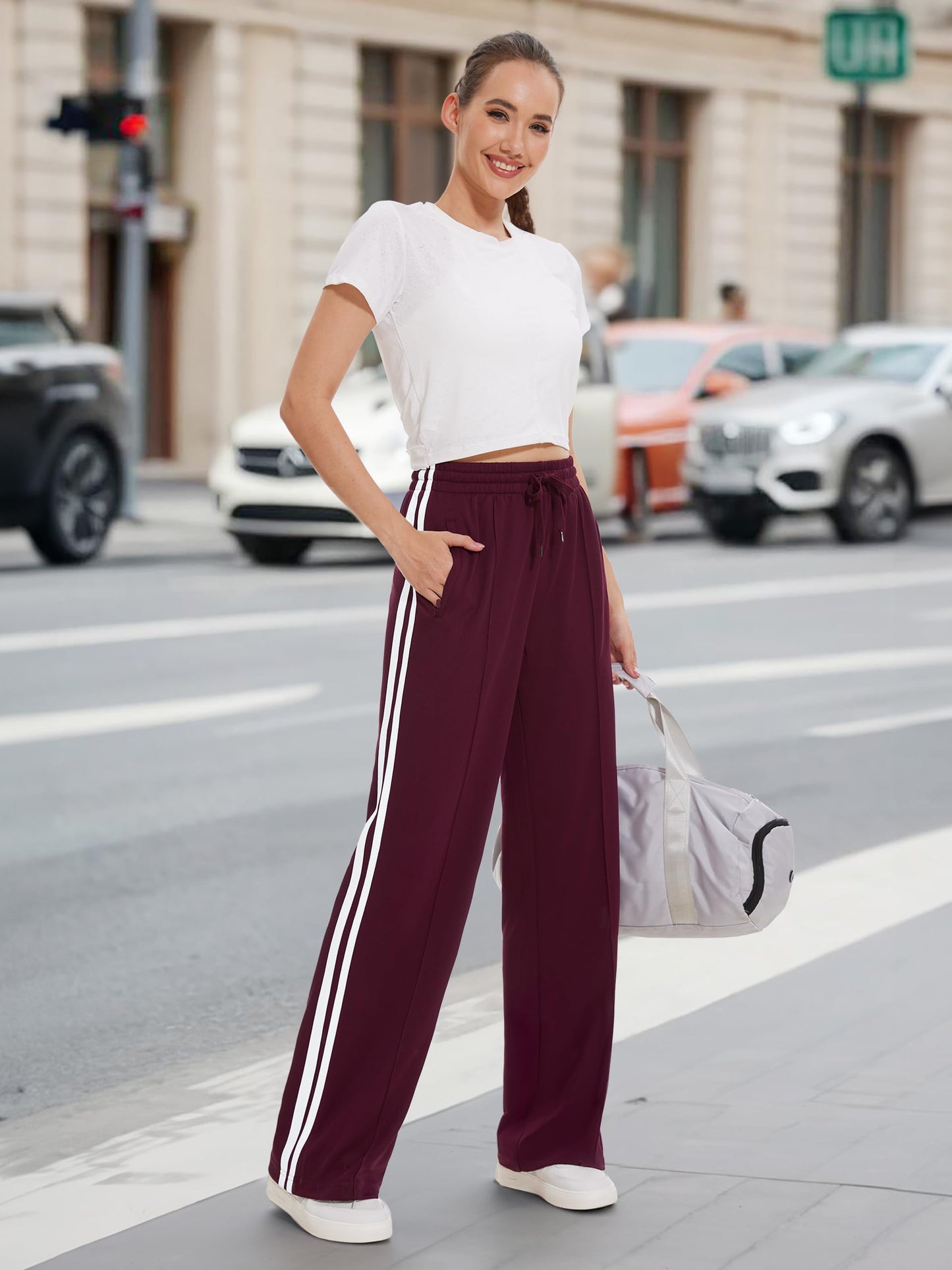 Tapata Extra Tall Woman 36" Inseam Stripes Sweat Pant High Waisted Drawstring Gym Exercise Lounge Joggers, Burgundy, XL