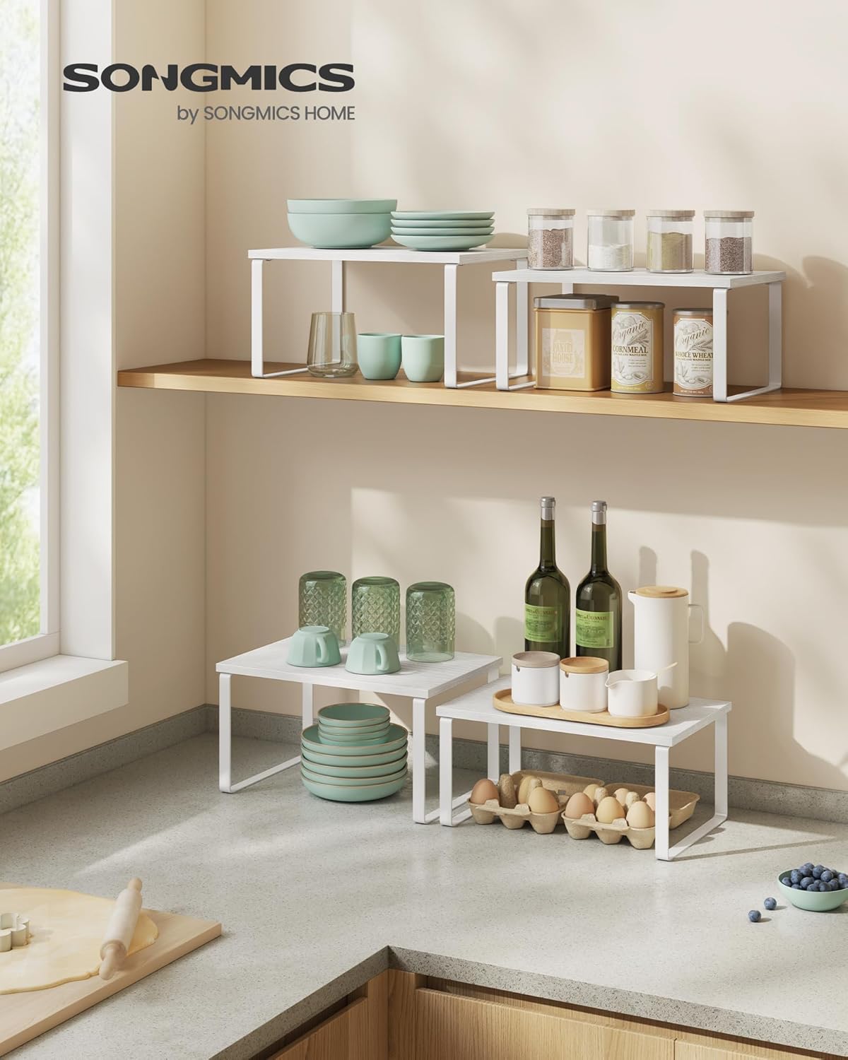 SONGMICS Kitchen Organizer Shelves - Set of 2 Stackable Spice Racks | Metal & Engineered Wood, Cloud White