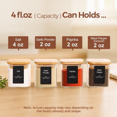 ComSaf Spice Jars - 4 oz Glass Seasoning Containers with Labels | 6-Pack Square Spice Set
