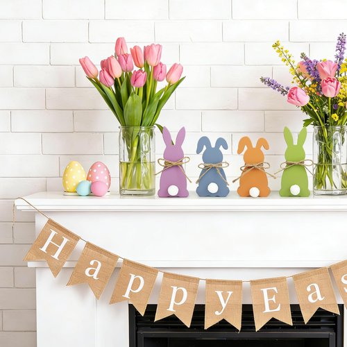 Easter Decorations - Wooden Bunny Peeps Signs 4PCS, Spring Decor with Hemp Rope for Home Table Tiered Tray, Easter Freestanding Centerpiece for Indoor Mantel Shelf Office Party Gifts Basket Stuffers