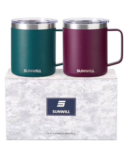 SUNWILL Travel Coffee Mug Set of 2, Insulated Tumbler with Lid, 14 oz Stainless Steel Cup with Handle for Camping, Office, Home, Powder Coated Forest Green & Plum