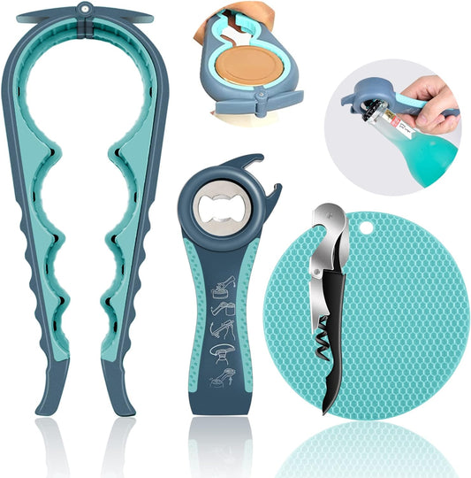 Skiennix Jar Opener - 5-in-1 Multi-Function Tool for Weak Hands | Non-Slip Grip & Corkscrew - Blue