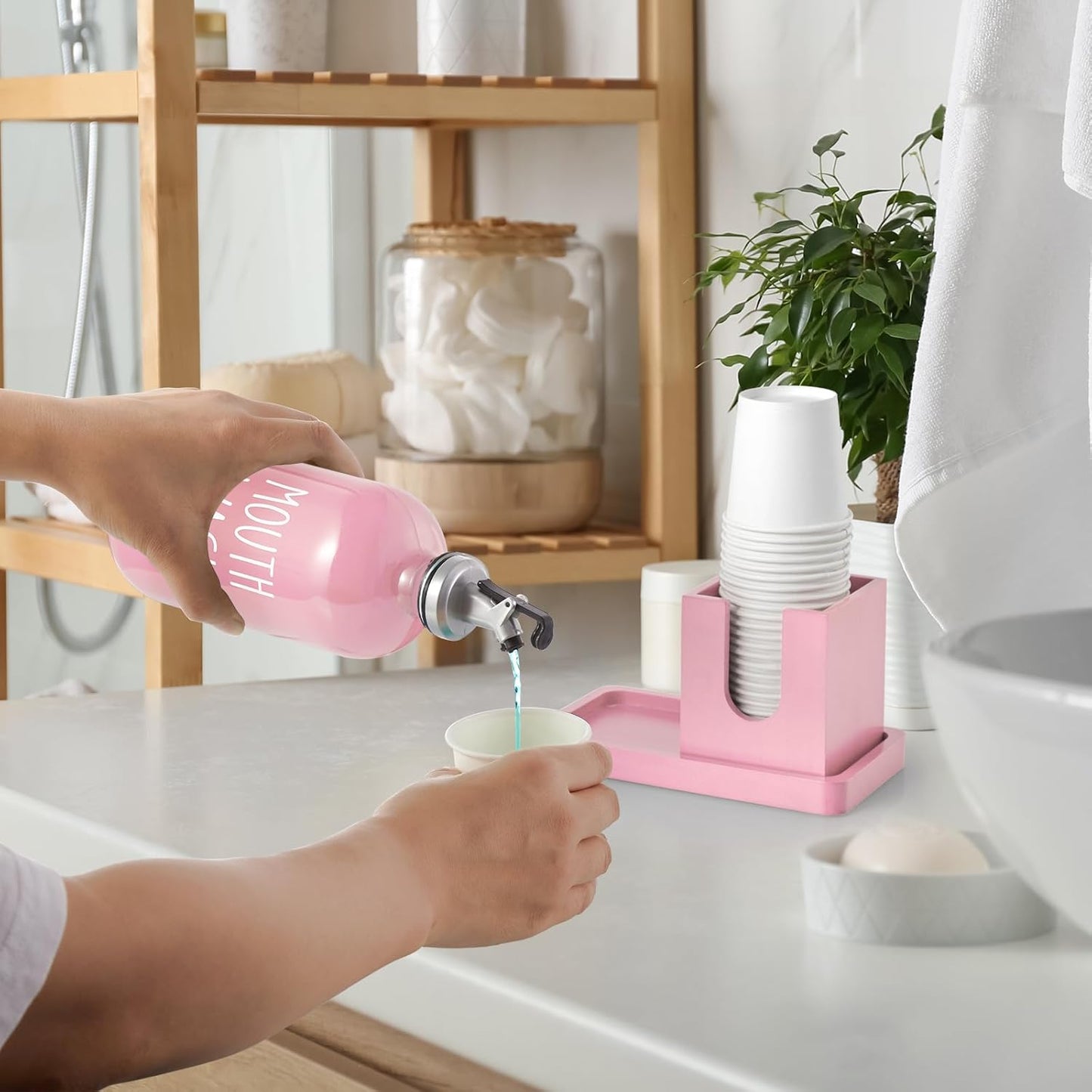 Skiennix Glass Mouthwash Dispenser - 16 OZ with Pour Spout & Wood Cup Holder | Pink Farmhouse Decor