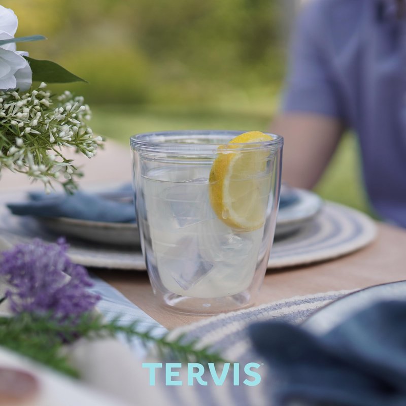 Tervis Clear & Colorful Tabletop 12oz Made in USA Double Walled Insulated Tumbler Travel Cup Keeps Drinks Cold & Hot, 12oz, Clear